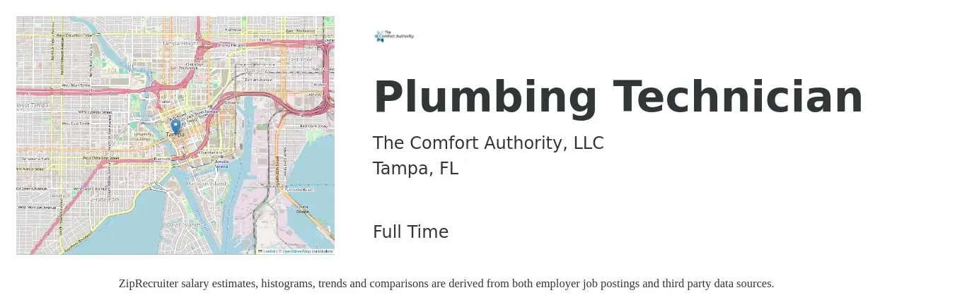 The Comfort Authority, LLC job posting for a Plumbing Technician in Tampa, FL with a salary of $90,000 Yearly with a map of Tampa location.