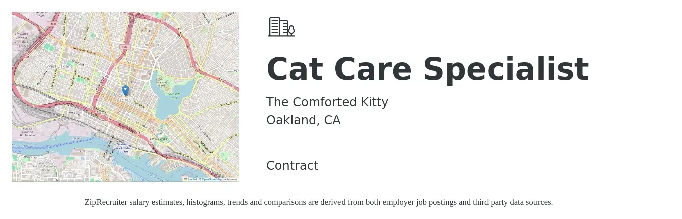 The Comforted Kitty job posting for a Cat Care Specialist in Oakland, CA with a salary of $100 to $1,000 Monthly with a map of Oakland location.