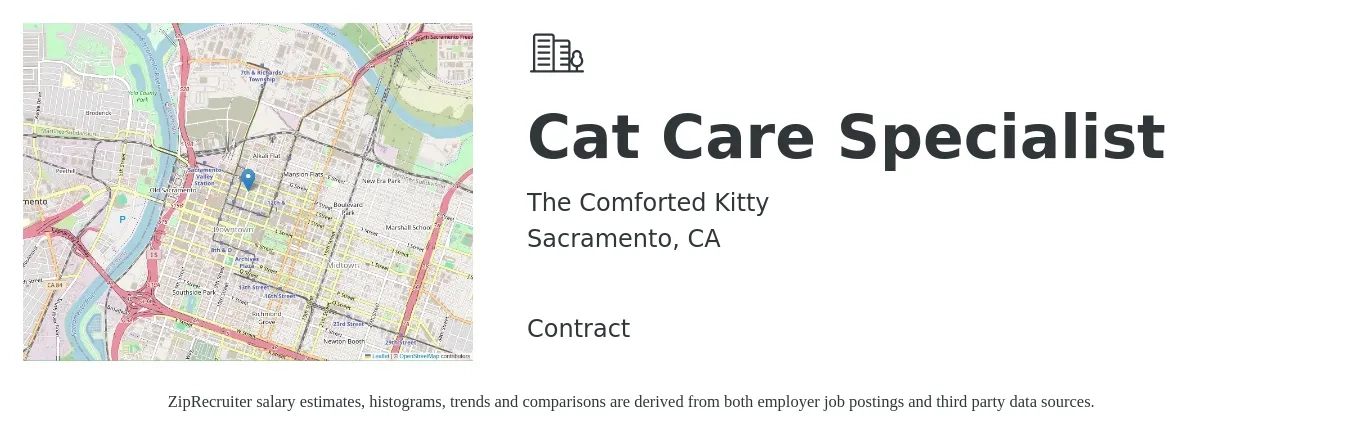 The Comforted Kitty job posting for a Cat Care Specialist in Sacramento, CA with a salary of $100 to $1,000 Monthly with a map of Sacramento location.