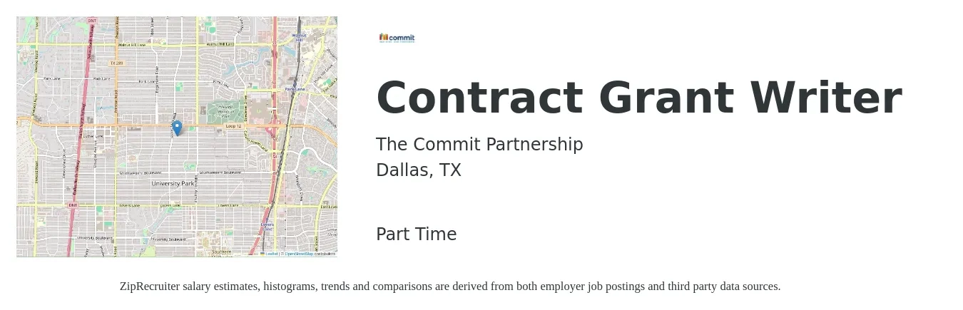 The Commit Partnership job posting for a Contract Grant Writer in Dallas, TX with a salary of $47,600 to $67,200 Yearly with a map of Dallas location.