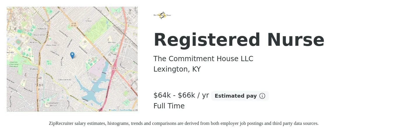 The Commitment House LLC job posting for a Registered Nurse in Lexington, KY with a salary of $64,000 to $66,000 Yearly with a map of Lexington location.