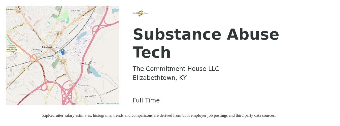The Commitment House LLC job posting for a Substance Abuse Tech in Elizabethtown, KY with a salary of $17 to $21 Hourly with a map of Elizabethtown location.
