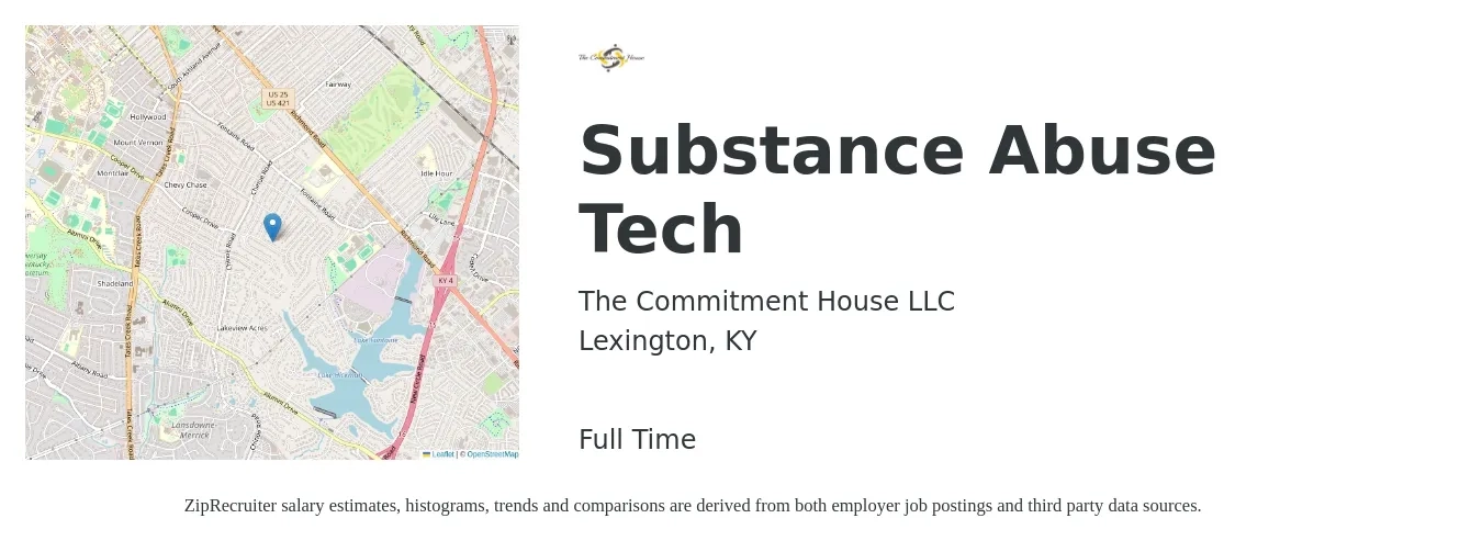 The Commitment House LLC job posting for a Substance Abuse Tech in Lexington, KY with a salary of $16 to $20 Hourly with a map of Lexington location.
