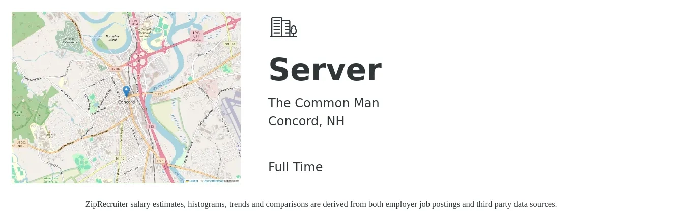 The Common Man job posting for a Server in Concord, NH with a salary of $11 to $18 Hourly with a map of Concord location.