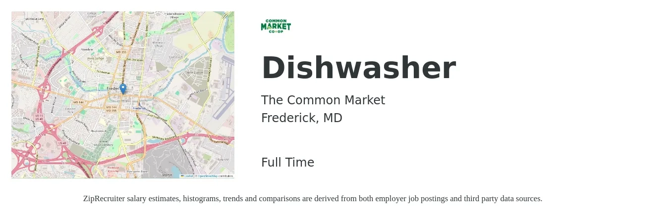 The Common Market job posting for a Dishwasher in Frederick, MD with a salary of $13 to $17 Hourly with a map of Frederick location.