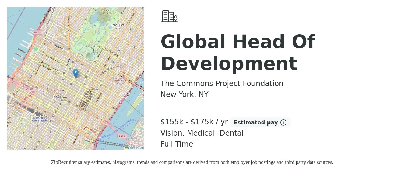 The Commons Project Foundation job posting for a Global Head Of Development in New York, NY with a salary of $155,000 to $175,000 Yearly and benefits including dental, life_insurance, medical, and vision with a map of New York location.