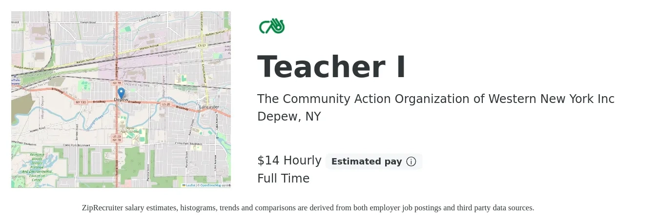 The Community Action Organization of Western New York Inc job posting for a Teacher I in Depew, NY with a salary of $15 Hourly with a map of Depew location.
