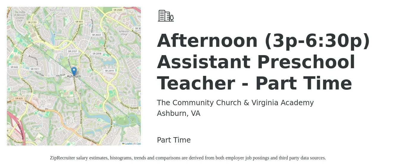 The Community Church & Virginia Academy job posting for a Afternoon (3p-6:30p) Assistant Preschool Teacher - Part Time in Ashburn, VA with a salary of $15 to $20 Hourly with a map of Ashburn location.
