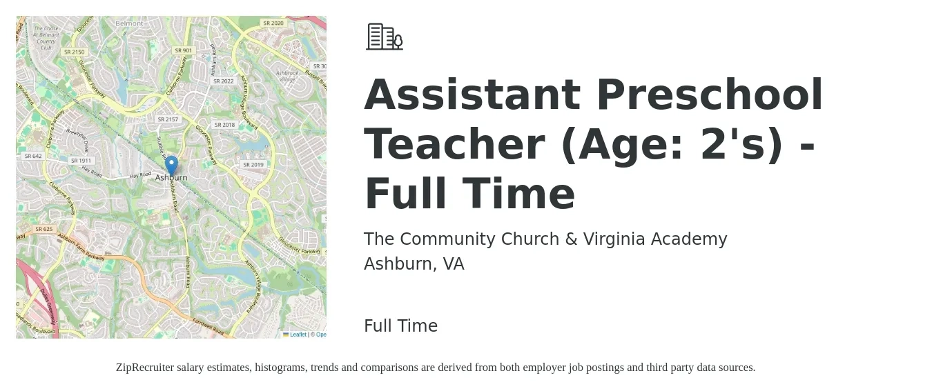 The Community Church & Virginia Academy job posting for a Assistant Preschool Teacher (Age: 2's) - Full Time in Ashburn, VA with a salary of $18 to $20 Hourly with a map of Ashburn location.