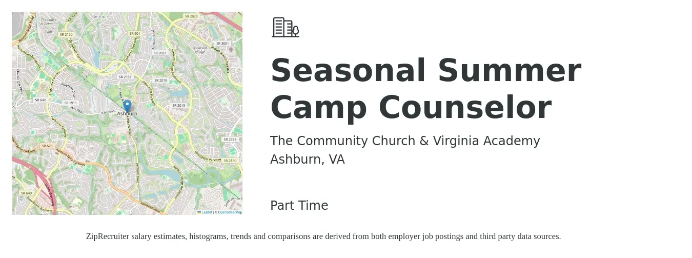 The Community Church & Virginia Academy job posting for a Seasonal Summer Camp Counselor in Ashburn, VA with a salary of $14 to $19 Hourly with a map of Ashburn location.