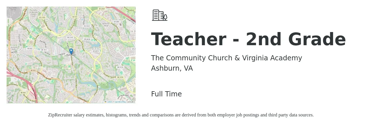The Community Church & Virginia Academy job posting for a Teacher - 2nd Grade in Ashburn, VA with a salary of $48,600 to $61,400 Yearly with a map of Ashburn location.