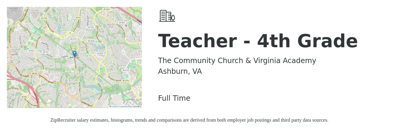 The Community Church & Virginia Academy job posting for a Teacher - 4th Grade in Ashburn, VA with a salary of $48,600 to $61,400 Yearly with a map of Ashburn location.