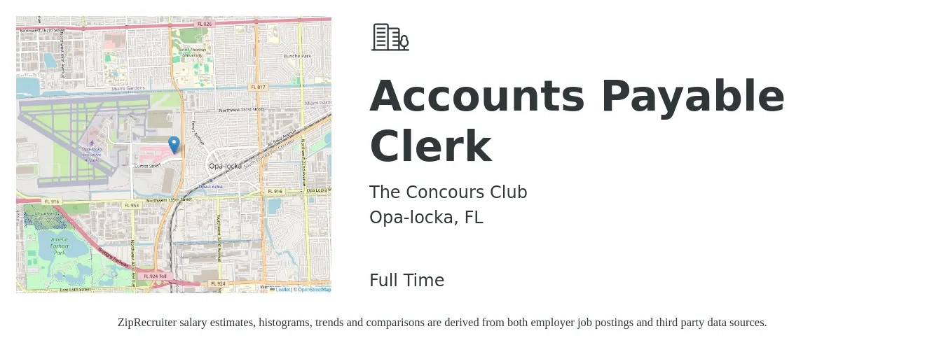 The Concours Club job posting for a Accounts Payable Clerk in Opa-locka, FL with a salary of $18 to $22 Hourly with a map of Opa-locka location.