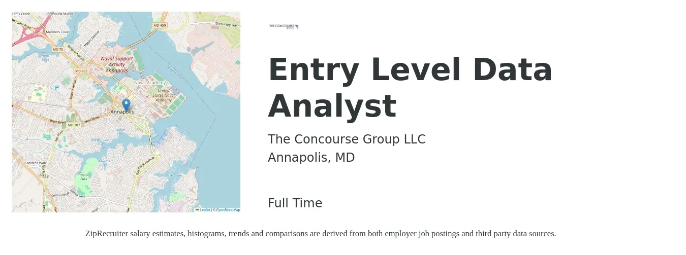 The Concourse Group LLC job posting for a Entry Level Data Analyst in Annapolis, MD with a salary of $40,000 to $50,000 Yearly with a map of Annapolis location.