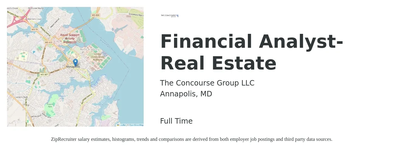The Concourse Group LLC job posting for a Financial Analyst-Real Estate in Annapolis, MD with a salary of $45,000 to $65,000 Yearly with a map of Annapolis location.