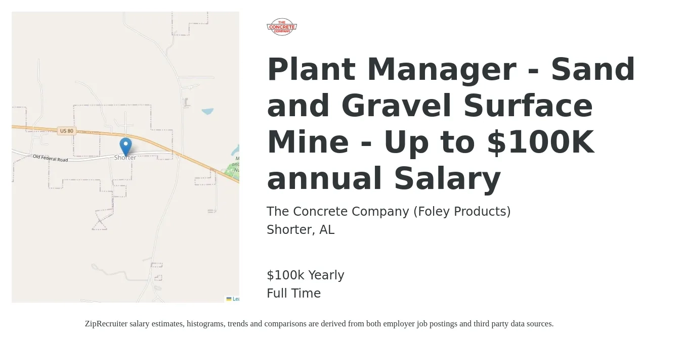 The Concrete Company (Foley Products) job posting for a Plant Manager - Sand and Gravel Surface Mine - Up to $100K annual Salary in Shorter, AL with a salary of $100,000 Yearly with a map of Shorter location.