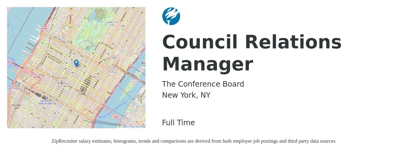 The Conference Board job posting for a Council Relations Manager in New York, NY with a map of New York location.