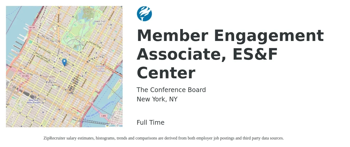 The Conference Board job posting for a Member Engagement Associate, ES&F Center in New York, NY with a salary of $39,400 to $60,700 Yearly with a map of New York location.