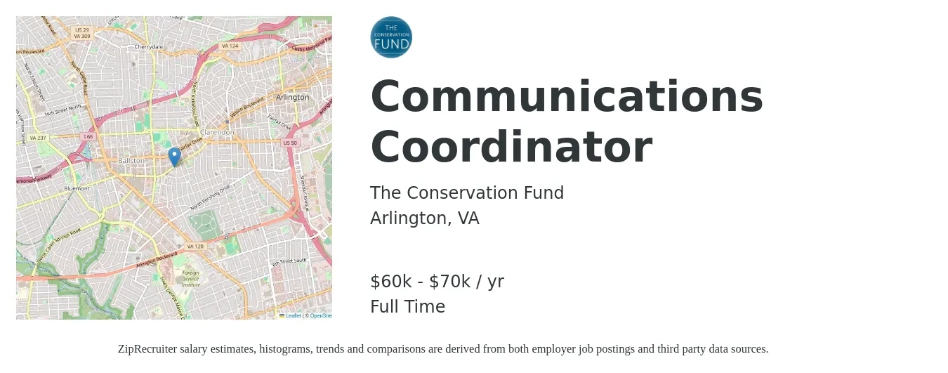 The Conservation Fund job posting for a Communications Coordinator in Arlington, VA with a salary of $60,000 to $70,000 Yearly with a map of Arlington location.