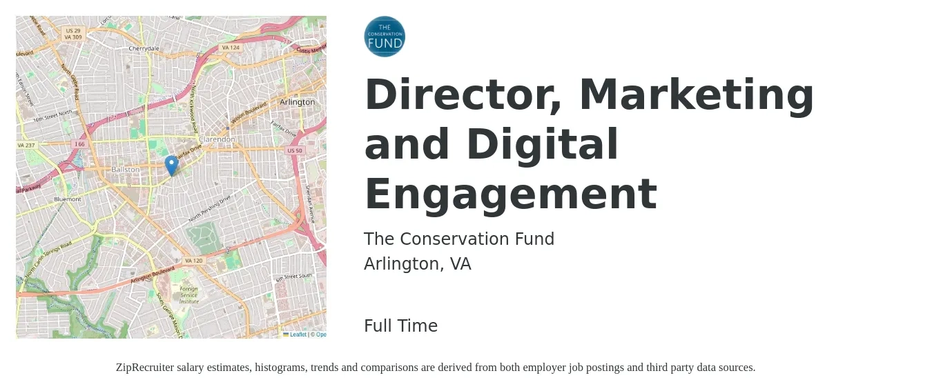 The Conservation Fund job posting for a Director, Marketing and Digital Engagement in Arlington, VA with a salary of $98,800 to $171,400 Yearly with a map of Arlington location.