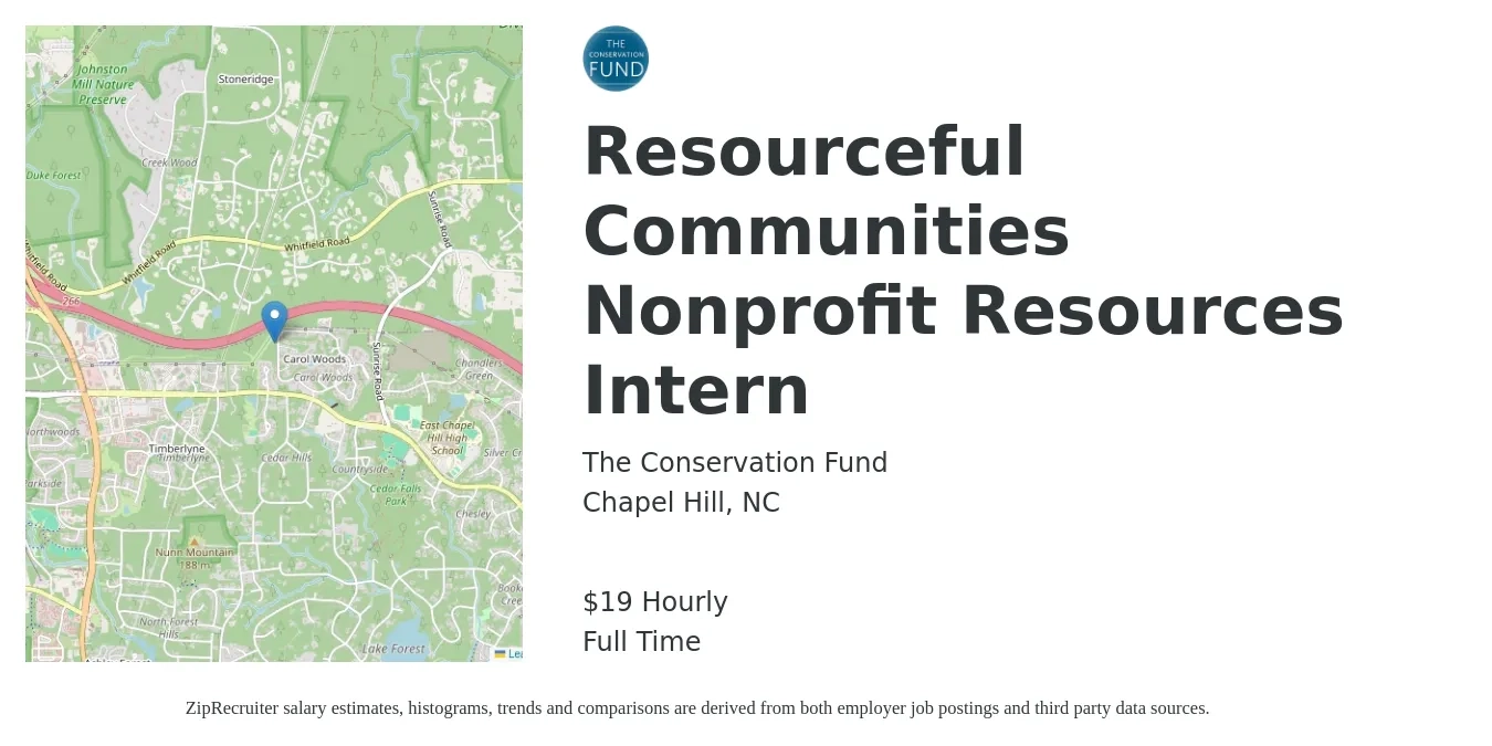 The Conservation Fund job posting for a Resourceful Communities Nonprofit Resources Intern in Chapel Hill, NC with a salary of $20 Hourly with a map of Chapel Hill location.