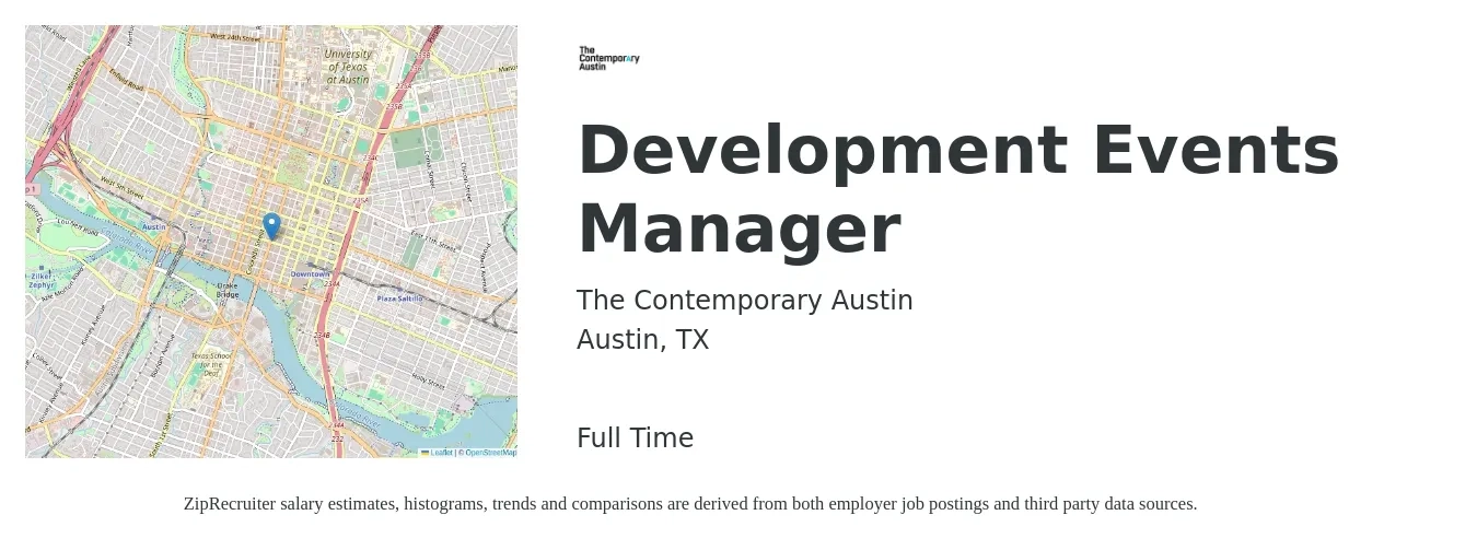 The Contemporary Austin job posting for a Development Events Manager in Austin, TX with a salary of $50,000 to $65,000 Yearly with a map of Austin location.