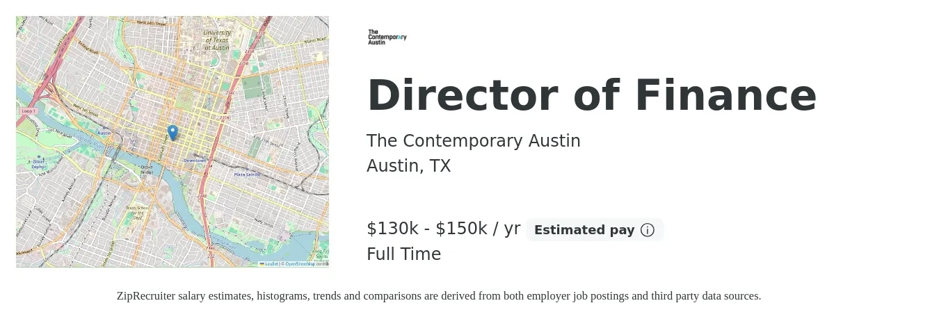 The Contemporary Austin job posting for a Director of Finance in Austin, TX with a salary of $130,000 to $150,000 Yearly with a map of Austin location.