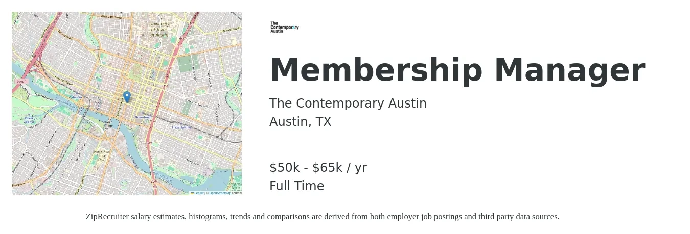 The Contemporary Austin job posting for a Membership Manager in Austin, TX with a salary of $50,000 to $65,000 Yearly with a map of Austin location.