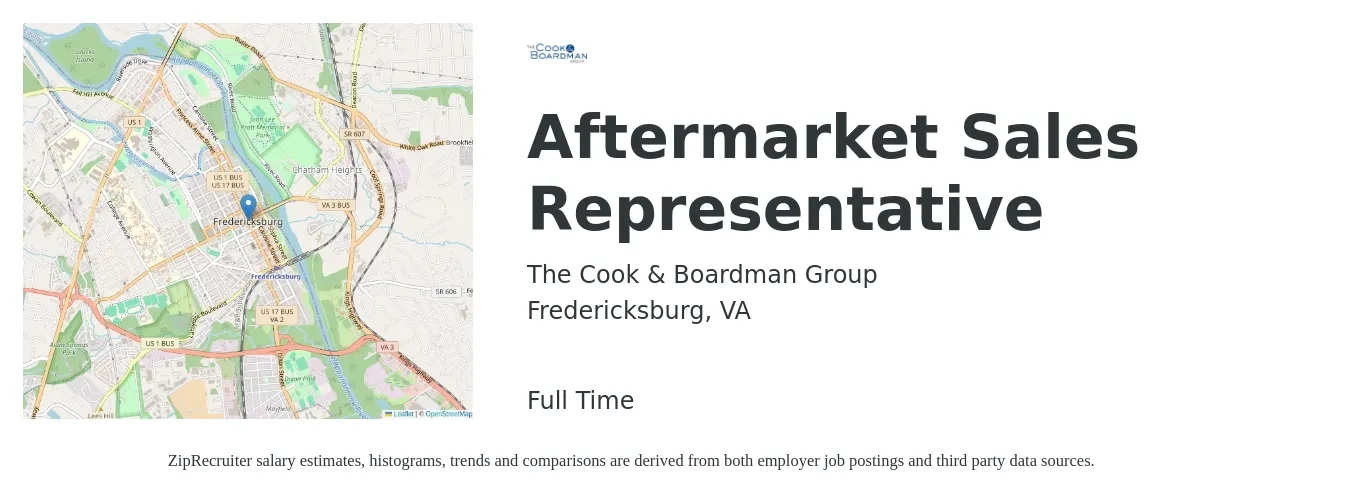 The Cook & Boardman Group job posting for a Aftermarket Sales Representative - Precision Doors & Hardware in Fredericksburg, VA with a salary of $55,700 to $94,400 Yearly with a map of Fredericksburg location.