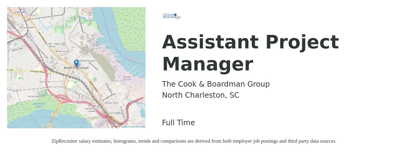 The Cook & Boardman Group job posting for a Assistant Project Manager in North Charleston, SC with a salary of $51,000 to $84,000 Yearly with a map of North Charleston location.