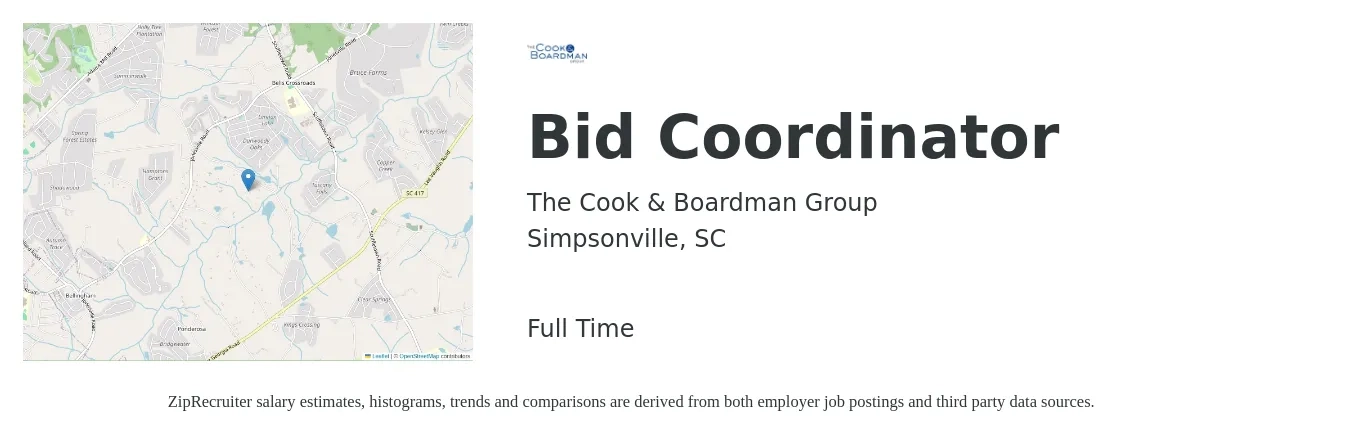 The Cook & Boardman Group job posting for a Bid Coordinator in Simpsonville, SC with a salary of $20 to $30 Hourly with a map of Simpsonville location.