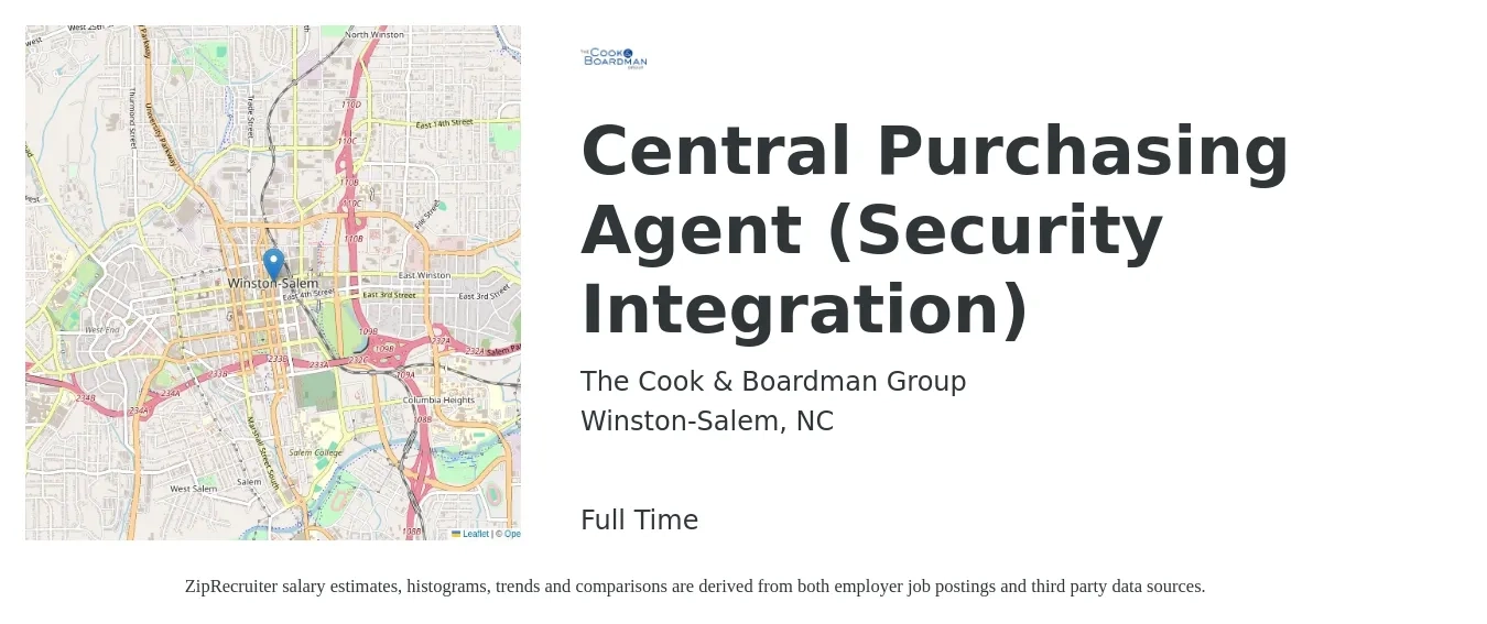 The Cook & Boardman Group job posting for a Central Purchasing Agent (Security Integration) in Winston-Salem, NC with a salary of $39,700 to $55,400 Yearly with a map of Winston-Salem location.