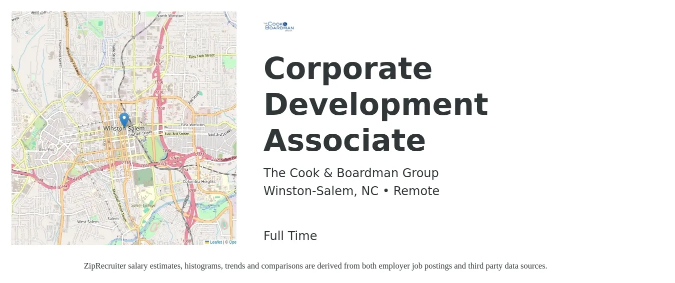 The Cook & Boardman Group job posting for a Corporate Development Associate in Winston-Salem, NC with a salary of $70,100 to $83,000 Yearly with a map of Winston-Salem location.