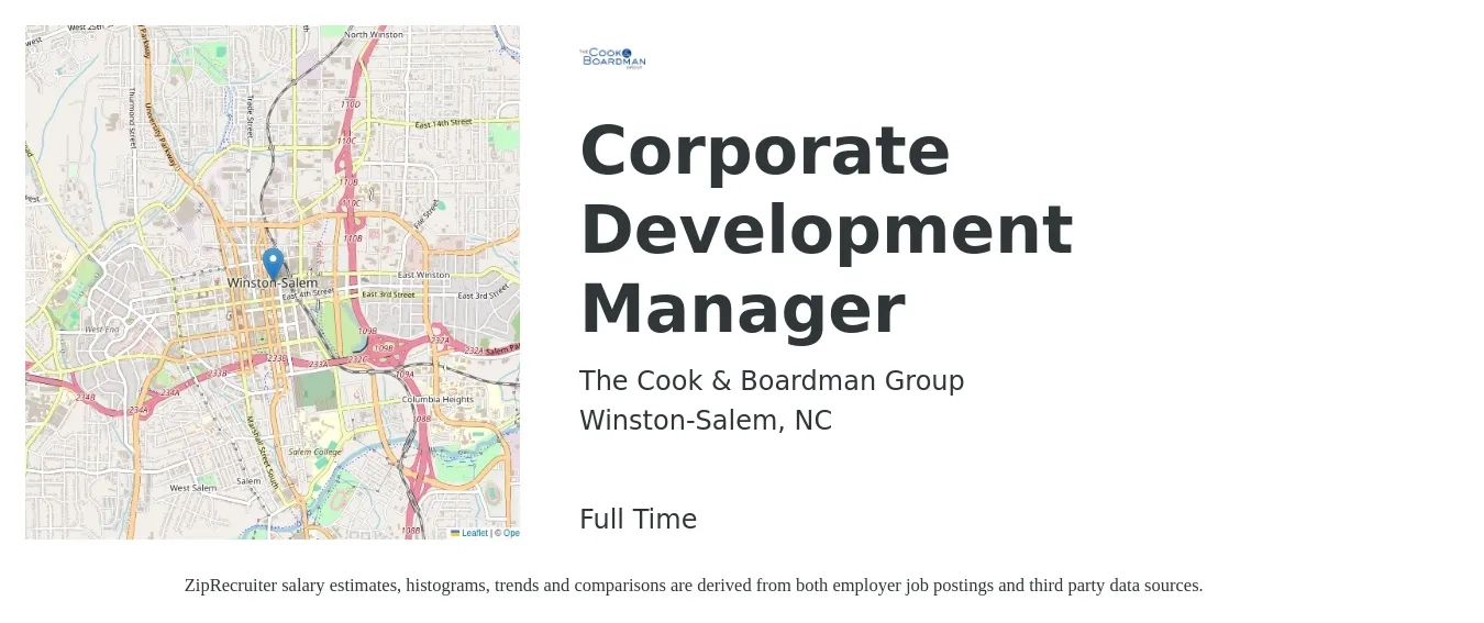 The Cook & Boardman Group job posting for a Corporate Development Manager in Winston-Salem, NC with a salary of $74,700 to $108,900 Yearly with a map of Winston-Salem location.