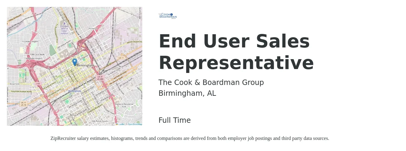 The Cook & Boardman Group job posting for a End User Sales Representative in Birmingham, AL with a salary of $50,100 to $87,200 Yearly with a map of Birmingham location.