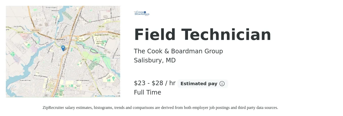 The Cook & Boardman Group job posting for a Field Technician in Salisbury, MD with a salary of $24 to $30 Hourly with a map of Salisbury location.