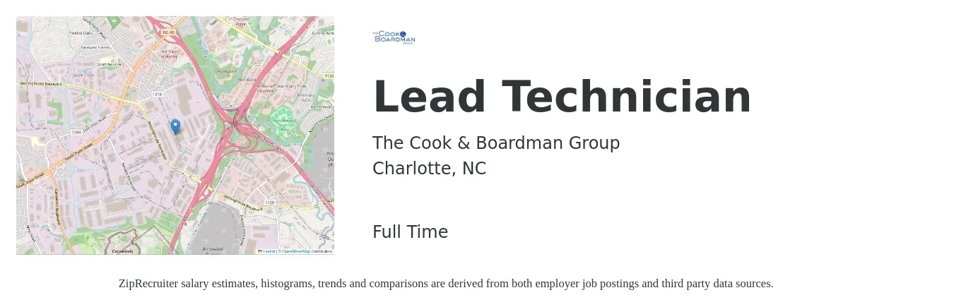The Cook & Boardman Group job posting for a Lead Technician in Charlotte, NC with a salary of $41,300 to $53,500 Yearly with a map of Charlotte location.
