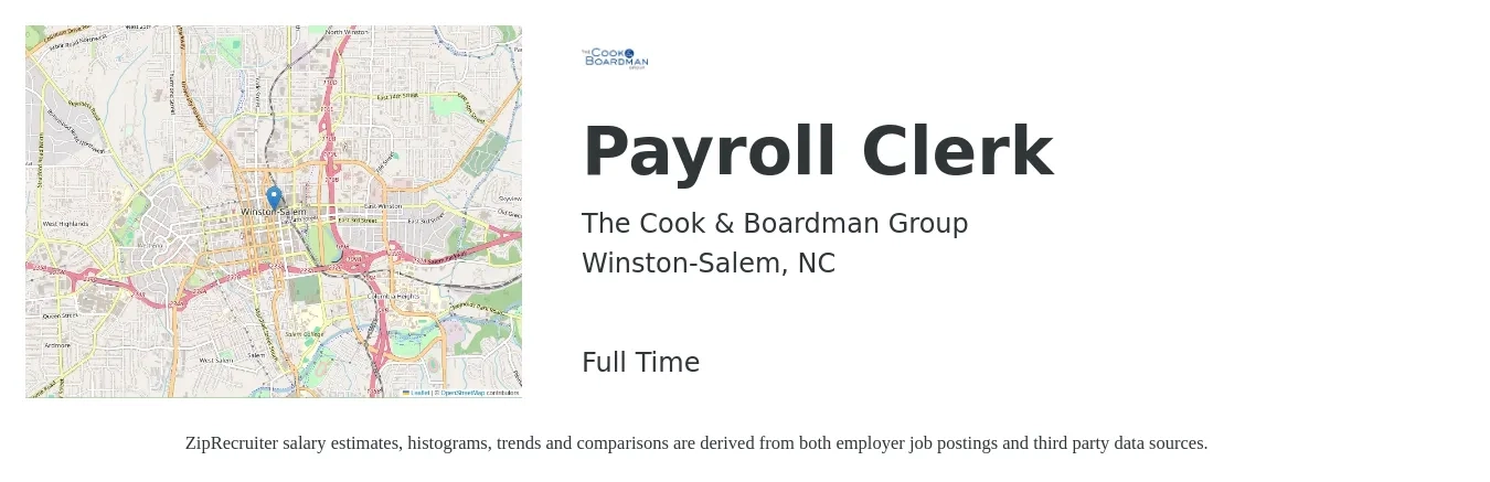 The Cook & Boardman Group job posting for a Payroll Clerk in Winston-Salem, NC with a salary of $18 to $24 Hourly with a map of Winston-Salem location.