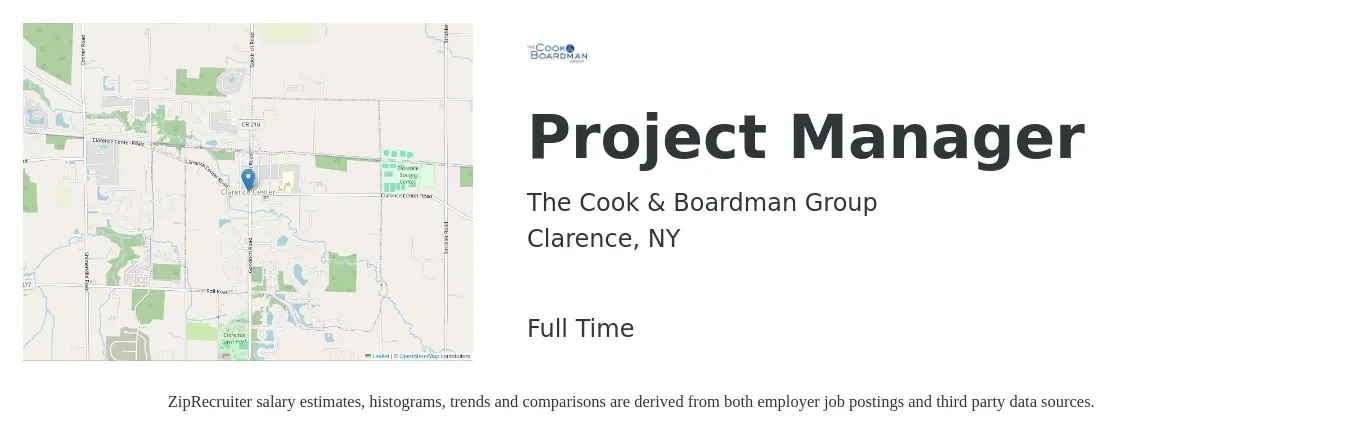 The Cook & Boardman Group job posting for a Project Manager in Clarence, NY with a salary of $60,000 to $75,000 Yearly with a map of Clarence location.
