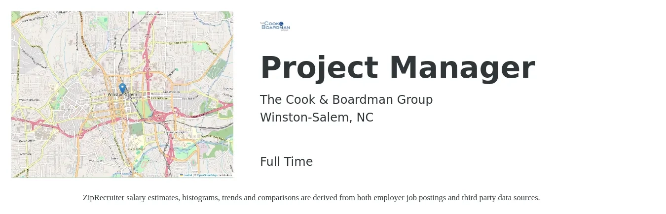 The Cook & Boardman Group job posting for a Project Manager in Winston-Salem, NC with a salary of $72,400 to $113,500 Yearly with a map of Winston-Salem location.