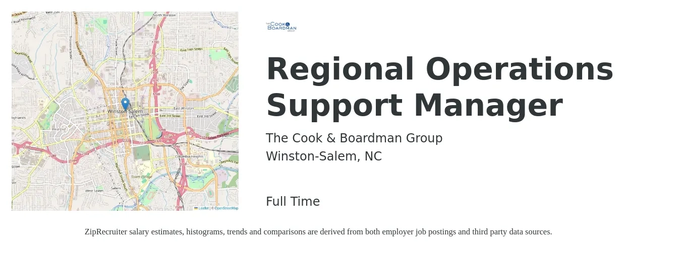 The Cook & Boardman Group job posting for a Regional Operations Support Manager in Winston-Salem, NC with a salary of $62,300 to $99,600 Yearly with a map of Winston-Salem location.