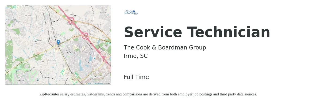 The Cook & Boardman Group job posting for a Service Technician in Irmo, SC with a salary of $16 to $23 Hourly with a map of Irmo location.