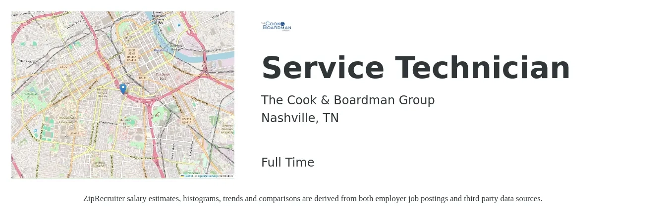 The Cook & Boardman Group job posting for a Service Technician in Nashville, TN with a salary of $19 to $27 Hourly with a map of Nashville location.