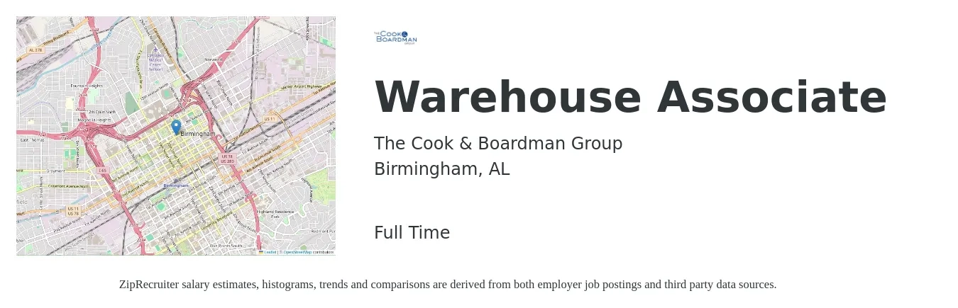 The Cook & Boardman Group job posting for a Warehouse Associate in Birmingham, AL with a salary of $15 to $18 Hourly with a map of Birmingham location.