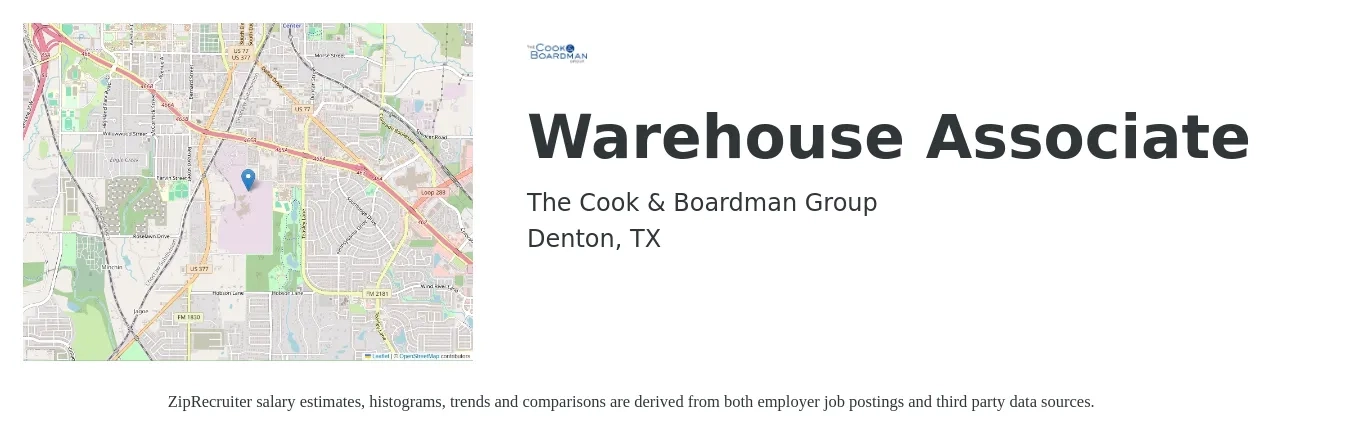The Cook & Boardman Group job posting for a Warehouse Associate in Denton, TX with a salary of $15 to $18 Hourly with a map of Denton location.