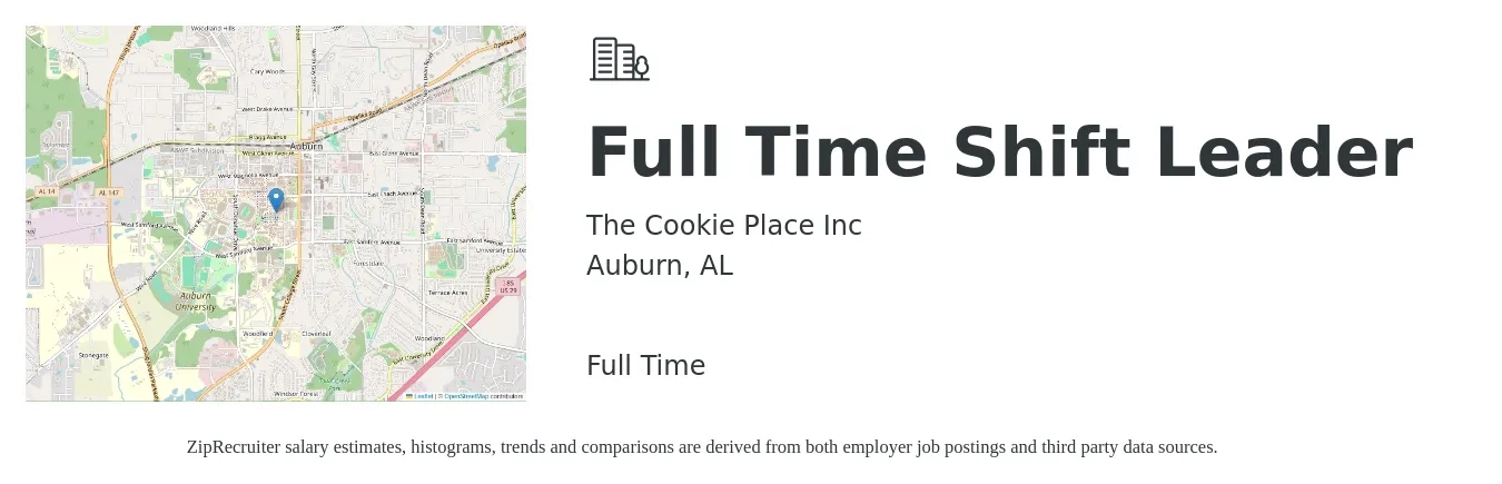 The Cookie Place Inc job posting for a Full Time Shift Leader in Auburn, AL with a salary of $12 to $14 Hourly with a map of Auburn location.