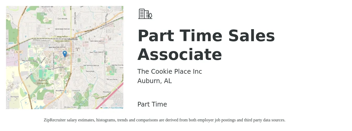 The Cookie Place Inc job posting for a Part Time Sales Associate in Auburn, AL with a salary of $16 to $25 Hourly with a map of Auburn location.