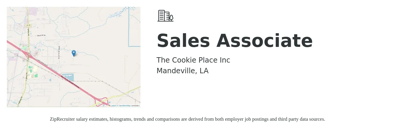 The Cookie Place Inc job posting for a Sales Associate in Mandeville, LA with a salary of $11 to $14 Hourly with a map of Mandeville location.