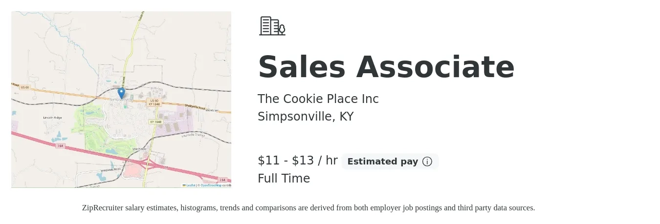 The Cookie Place Inc job posting for a Sales Associate in Simpsonville, KY with a salary of $12 to $14 Hourly with a map of Simpsonville location.