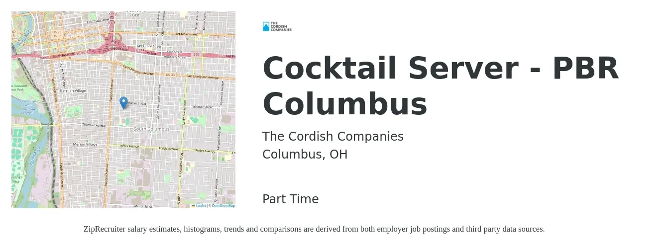 The Cordish Companies job posting for a Cocktail Server - PBR Columbus in Columbus, OH with a salary of $10 to $16 Hourly with a map of Columbus location.
